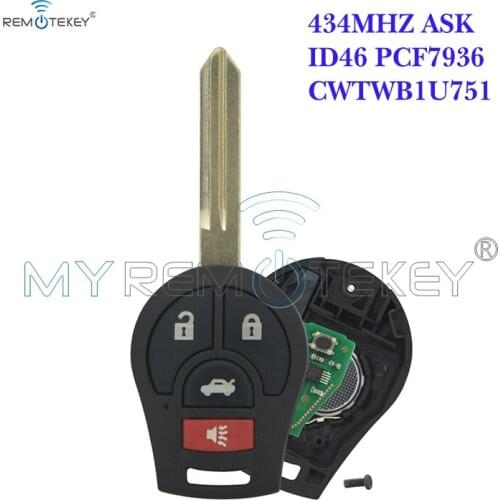 Remtekey Remote key 3 button with panic 434mhz with ID46 chip CWTWB1U751 for 2008 - 2014 Nissan Cube Rogue Juke Versa