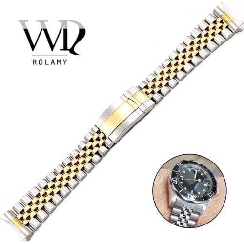 Rolamy 19 20mm Watch Band Strap Stainless Steel For Datejust Hollow Curved End Screw Links Replacement Jubilee Watchband Strap