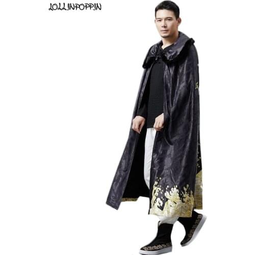 Traditional Chinese Mens Dragon Printed Jacquard Cloak Men Trench Coat Turn Down Collar / Hooded Fleeced Lining Long Cloaks