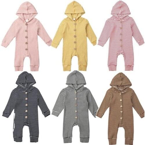 Newborn Baby Kids Boy Girl Autumn Winter Hooded Striped Knitted Romper Jumpsuit Clothes Outfits 6 Colours