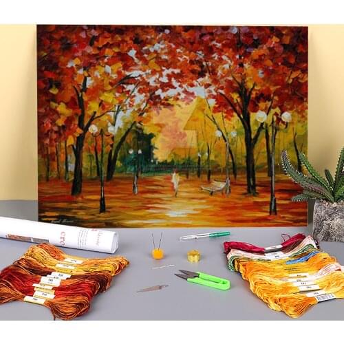 Flame Fall Printed Water-Soluble Canvas 11CT Cross Stitch DIY Embroidery Set DMC Threads Knitting Sewing Painting Sales