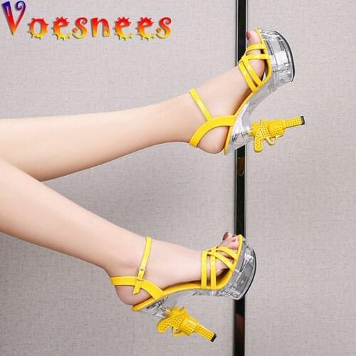 Voesnees New Arrival Glowing Crystal Women Shoes Pistol Heel Female Summer Sandals Cross-tied 14cm High Heels Sexy Wedding Shoes