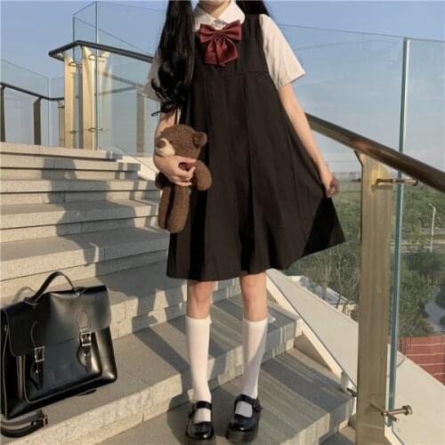 Summer 2020 White Shirt Womens, White Short-Sleeved Shirt + Vest Pleated Skirt Black Dress JK Uniform Suit school girl uniform