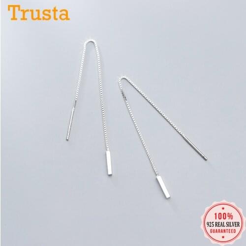 Trusta Genuine 100% 925 Sterling Silver Sweet Stick Linked Chain 9cm Clip On Earrings For Women Girls Wedding Jewelry DS1934
