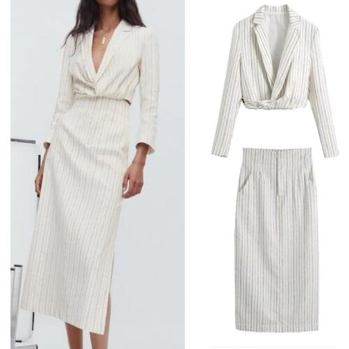 Suit womens skirt suit white striped seven-point blazer suit 2 high-waist long skirt women elegant office summer suit