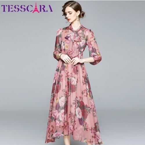 TESSCARA Women Autumn Long Floral Dress Festa High Quality Vintage Prairie Chic Party Robe Femme Designer Chiffon Vestidos