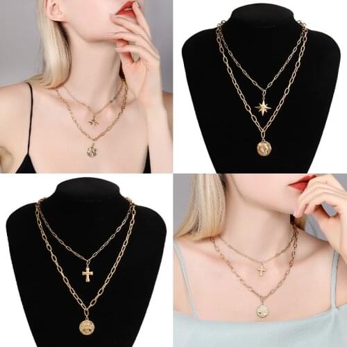 Women stainless steel necklace coin pendant necklace punk multilayer long necklace ladies vintage multilayer gift jewelry
