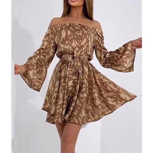 Women Dress Stitched Lotus Leaf Sleeve Off-The-Shoulder Elastic Belt Printed Ladies Dress Summer Fashion Casual Female Clothing