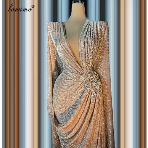 Dubai Muslim Gray Sequins Evening Dresses Long Mermaid Formal Evening Gowns Robe Sexy Prom Dress Party Middle East Vestidos