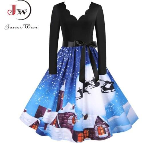 Printed Women Winter Christmas Dress Vintage V Neck High Waist Long Sleeve Plus Size S~3XL Xmas Party Dress Robe Femme