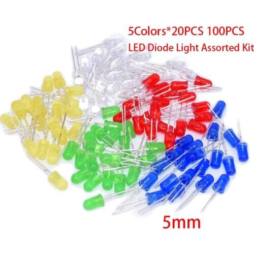 100PCS 5mm LED Diode Light Assorted Kit Green Blue White Yellow Red COMPONENT DIY Kit 5Colors*20PCS