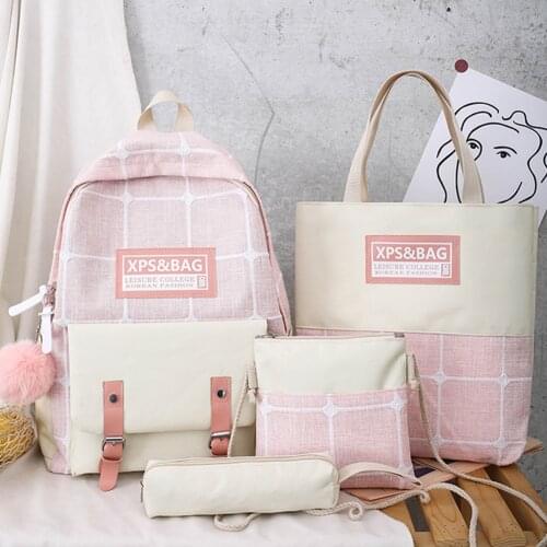 Women Fashion Plaid Printing 4pcs Composite Bags Hit Color Canvas Backpack Cosmetics Pouch Pen Bag Preppy Style School Knapsacks
