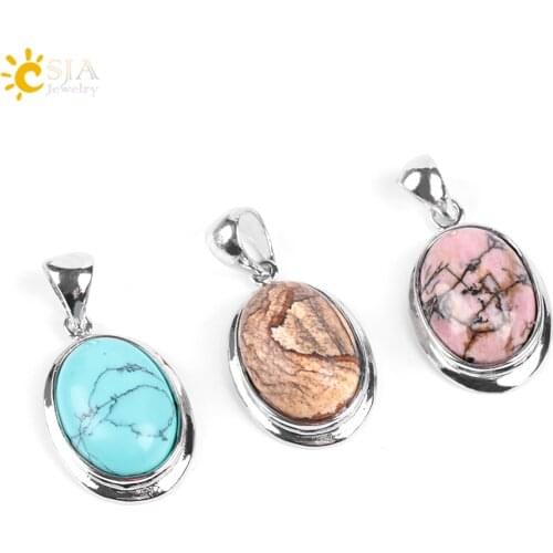 CSJA Lovely Natural Gem Picture Stone Beads Statement Necklaces & Pendants Line Rhodonite Egg Shape Reiki Healing Jewellery E805