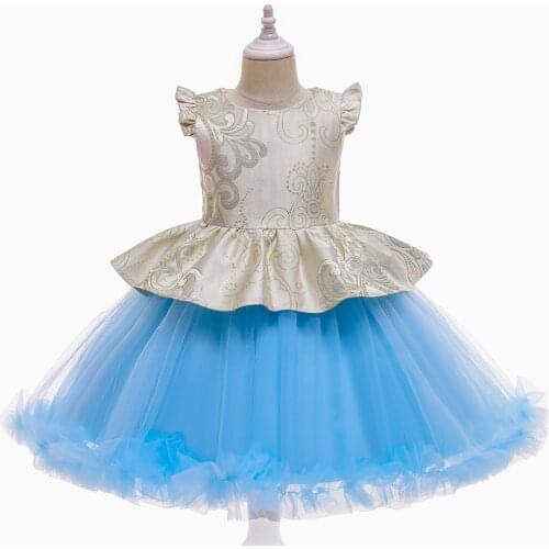 Kids Princess Dress Costume Cinderella Birthday Clothes Children Party Blue Tutu Children Dresses with Print Top