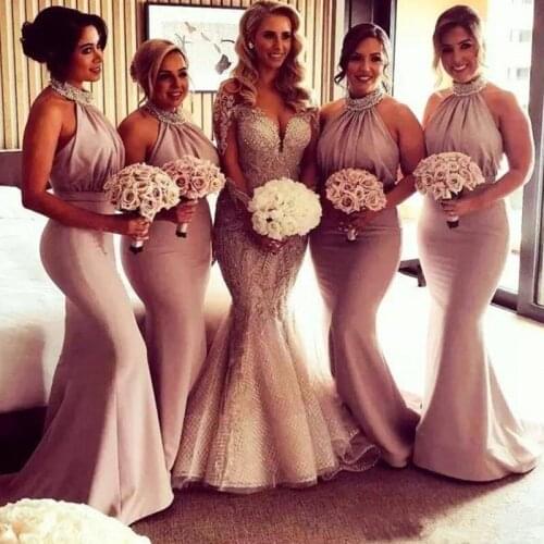 Elegant Halter Beaded Sequin Evening Dress 2021 New Pink Bodycon Maxi Dress For Women Party Bridesmaid Dresses