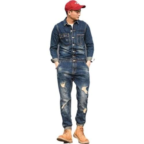 Men`s Bib Denim Overalls Cowboy Vintage Ripped Workwear Slim Fit Blue Jeans Jumpsuit with Jacket Work Suit for Men