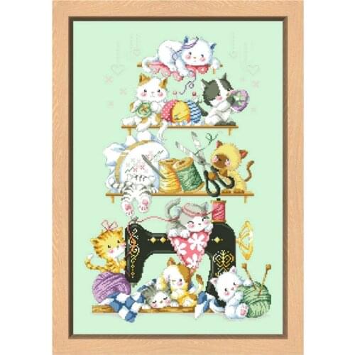 The kitten beside the sewing machine cross stitch kits aida fabric 14ct light green counted cloth thread embroidery kits DIY