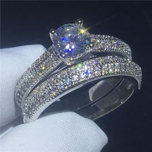 Handmade Genuine Silver color ring Pave setting AAAAA Cz Stone Engagement wedding band ring for women Bridal sets Jewelry