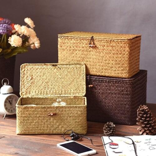 Handmade Straw Woven Storage Basket With Lid Sundries Storage Box Wicker Makeup Organizer Food Container Clothes Storage Bins