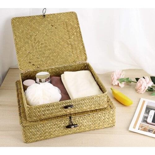Flat Woven Wicker Storage Bins with Lid Natural Seagrass Basket Boxes Multipurpose Home Toys Organizer Boxes for Shelf Organizer