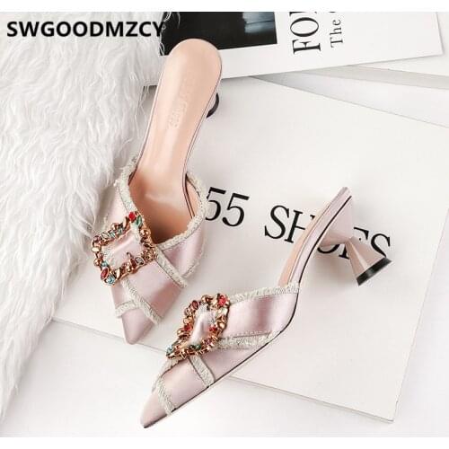 Mules High Heels Rhinestone Heels Cute Heels Luxury Women Shoes Prom Shoes 2020 Spring Shoes Women Zapatos Fiesta Mujer Elegante