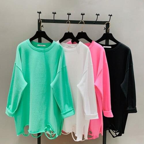 2020 Summer New Womens Hole Cotton Sweatshirt Loose O-neck Long-sleeved Solid Fashion Simple Pullover White sudadera Femme Z521