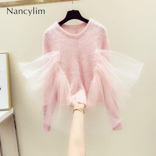 Mesh Splicing Personality Pullover Woman 2019 Early Autumn New Korean Version Loose Pink Sequins Sweater Girls Lady Pull
