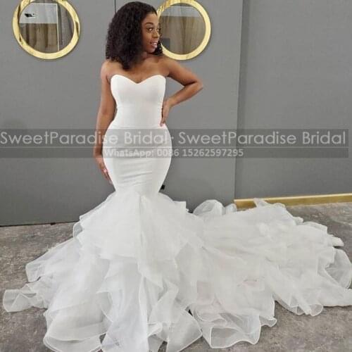 2021 Tiered Mermaid Wedding Dress White Organza Long Chapel Train Women Sweetheart Vestidos De Novia Bridal Dresses Formal