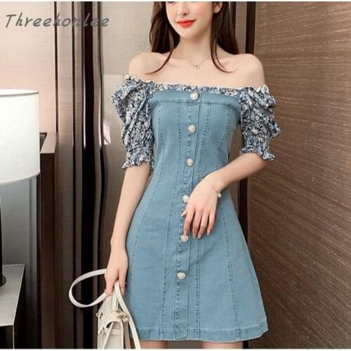 High Quality Fashion Dress Chiffon Floral Stitching Denim Dress 2021 New Summer Shoulder Zipper Short Sleeve Denim Skirt