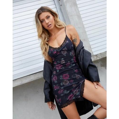 Womens Sexy Bodycon Mini Dress Fashion V Neck Spaghetti Strap Sleeveless Lace Trim Split Hem Cami Dress