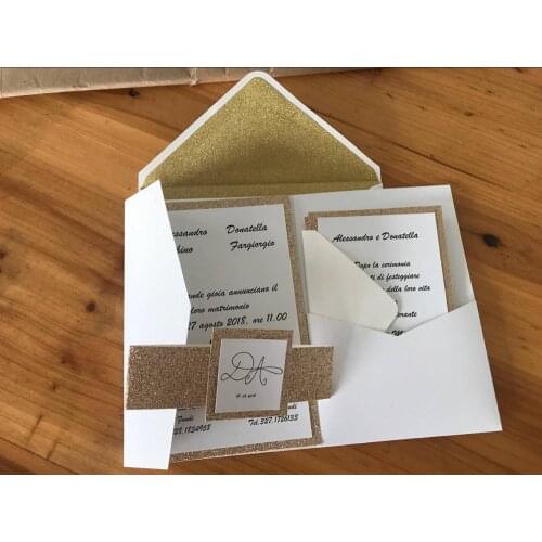 Free shipping 1pcs sample hollow Laser Cut Tri-fold Gold Ivory pocket fold Wedding Invitation Card pocket Invite envelope RSVP