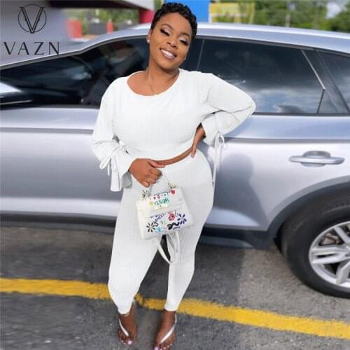 VAZN 2021 Autumn Office Lady Solid Suitable Soft Young Full Sleeve Top Long Pencil Pants Slim Women 2 Piece Set