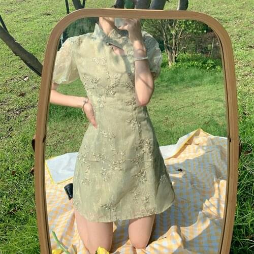 2021 chinese improved cheongsam dress retro graceful lady puff sleeves water drop collar oriental bodycon sexy qipao dress