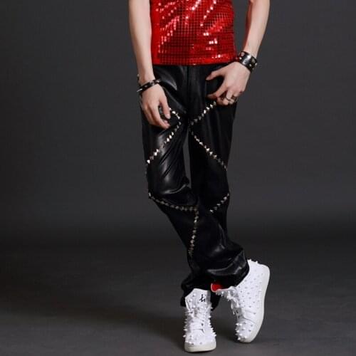 27-38 ! 2016 Mens personality trousers ds dj costume rivet slim leather pants singer costumes plus size trousers