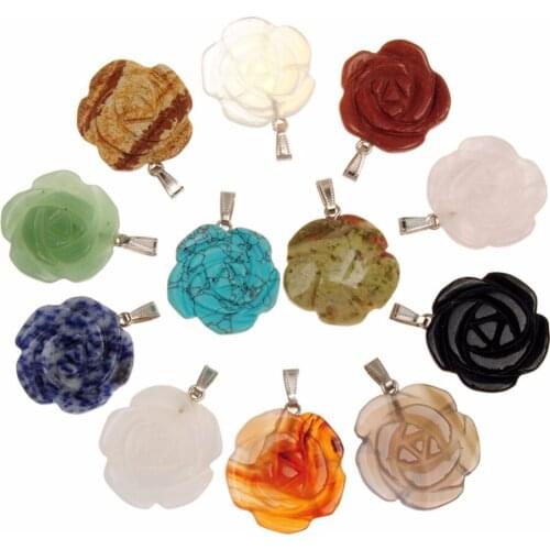 6Pcs 33mm Genunine Natural Stone Carved Gem Beads Rose Flower Clear Quartz Crystal Charms Pendants Mixed Random Color Aventurine