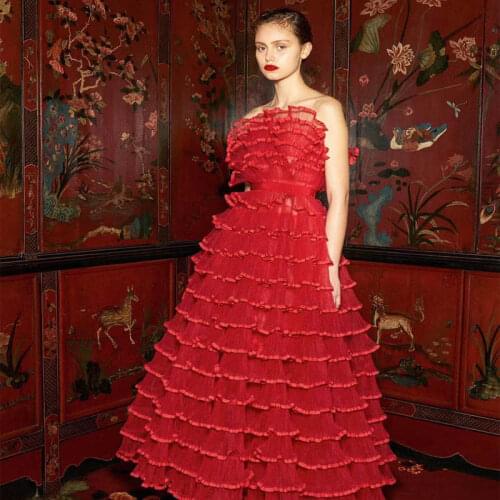 Free Shipping Wholesale Womens Dress High Quality Red Lace Strapless Sexy Evening Wear Celebrity Cocktail Party Long Dress