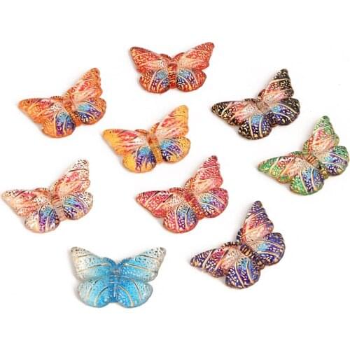 BOLIAO New 30Pcs 15*23mm Colorful Shiny Butterfly Resin Flat Back Glue on Bags/Clothes Home Accessories Decoration R387