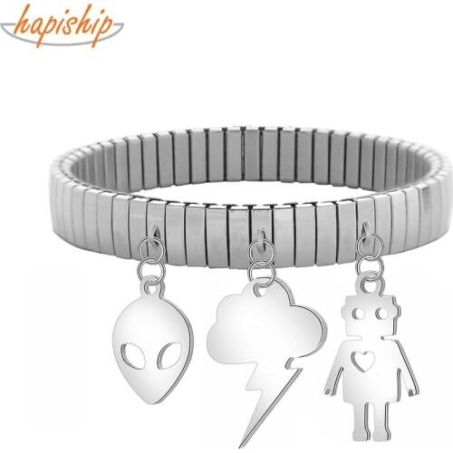 Hapiship Fashion 9mm Width Stainless Steel Star Lightning Aliens Pendant Elastic Fashion Bracelet For Women Men Jewelry G155