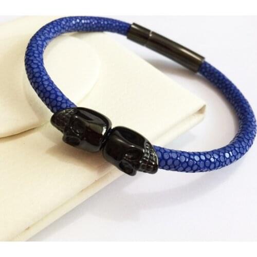 Northskull stainless steel Twin Skull Bracelets Bangles for Man Women Genuine Leather Stingray Bracelet Jewelry Gift