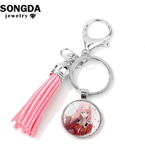 SONGDA Popular Anime DARLING In The FRANXX Tassel Keychain 02 ZERO TWO HIRO Figure Keyring Kawaii Bag Hanging Ornament for Girls
