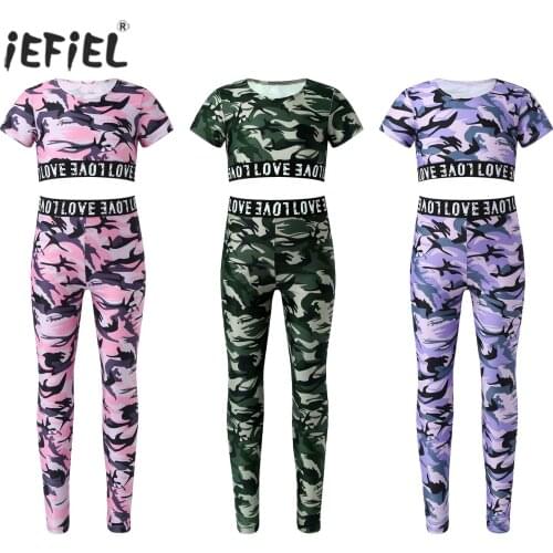Kids Girls Tracksuit Camouflage Printed Sleeveless Tanks Crop Top Sports Bra with Leggings Pants for Stage Performance Workout
