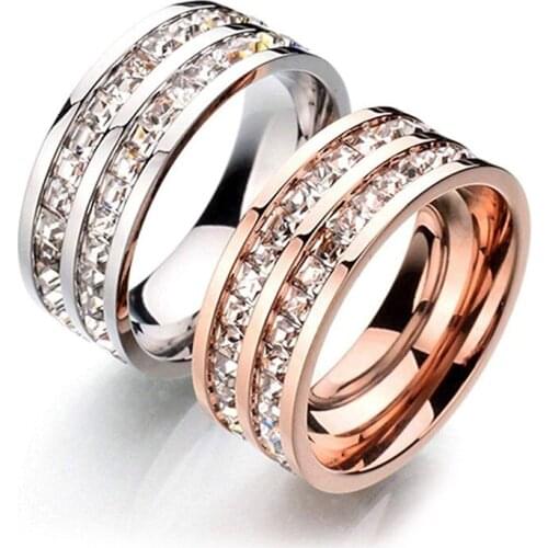 EAMTI Women Titanium Ring Rose Gold Silver Color Full Cubic Zirconia Jewelry Crystal Ring Female Party Cocktail Wedding Band