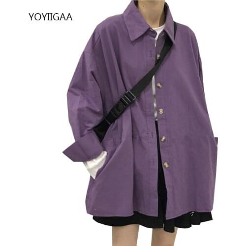 Purple Women Blouses Shirts Harajuku Long Sleeve Female Blouse Oversize Tops Turn-Down Collar Loose Ladies Girls Blouse Shirts
