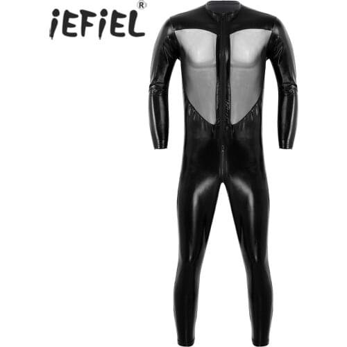 Unisex Men Women Adult Wetlook Clubwear Bodystocking PVC Leather Zipper Front Mesh Splice Full Body Bodysuit Leotard Costumes