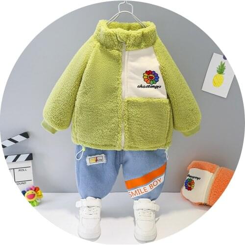 Autumn Winter Baby boys girls Clothes Sets Jchao Kids Boy Cartoon fleece warm coat Pants 2Pcs/set child Toddler Fashion Suits