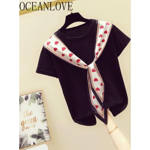 OCEANLOVE Summer 2020 Women T Shirt Ribbons Patchwork Korean Fashion T-shirt All Match Short Sleeve Ropa Mujer Casual 15762
