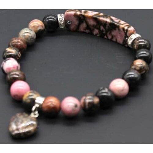Trendy-beads Ethnic Style Silver Plated Love Heart Connect Rectangle Rhodonite Stone Round Beads Bracelet