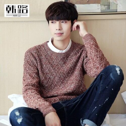 Fashion New mens Sweater autumn mens diamond lattice design Long-sleeved O-neck Sweater male Solid color warm pullover Top