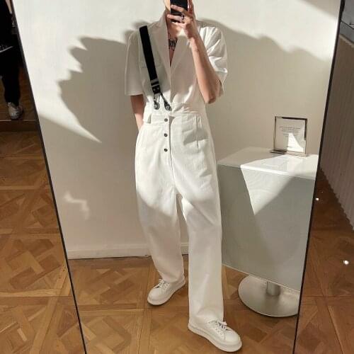 Korean Style Mens Casual Single Shoulder Overalls Straight Long Trousers Black White Pants