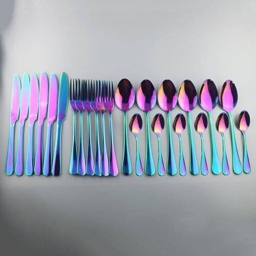 Rainbow Tableware Set 18/10 Stainless Steel 24pcs Dinnerware Knife Fork Spoon Cutlery Set Western Dinner Silverware Gift Box Set